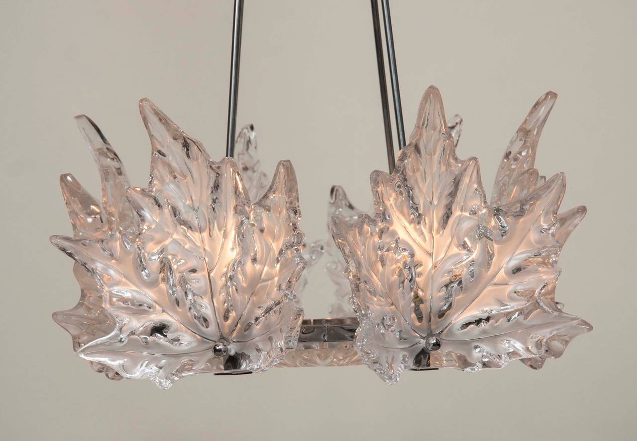 An astonishing clear and frosted crystal, chestnut leaf form Lalique chandelier with 