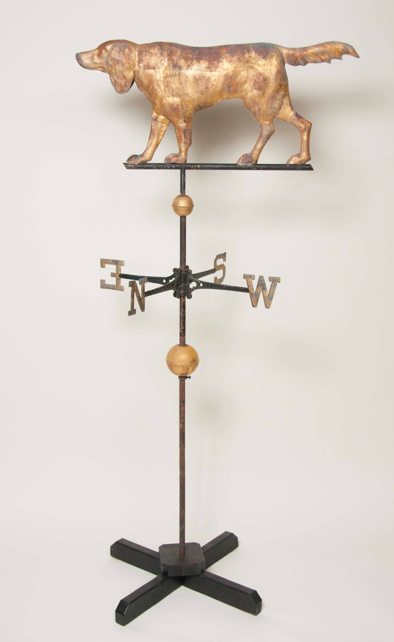 A Massachusetts weather vane of a full-bodied setter having all original elements. The three-dimensional weather vane was product, circa 1880 and has its original 22-karat gold gilt over copper. 
List price $25,000.
Measures: 63 ½ high X 31 ½ wide.