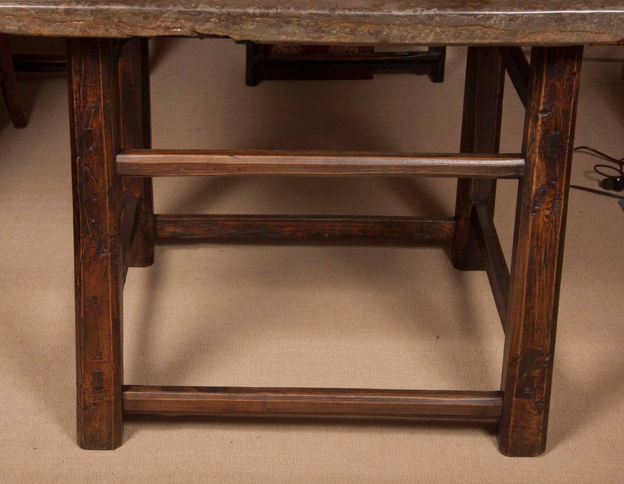 Carved Square Stone-Topped Elmwood Table