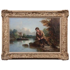 Antique "Young Man Fishing by a River, " Painting by Tom Lawrance