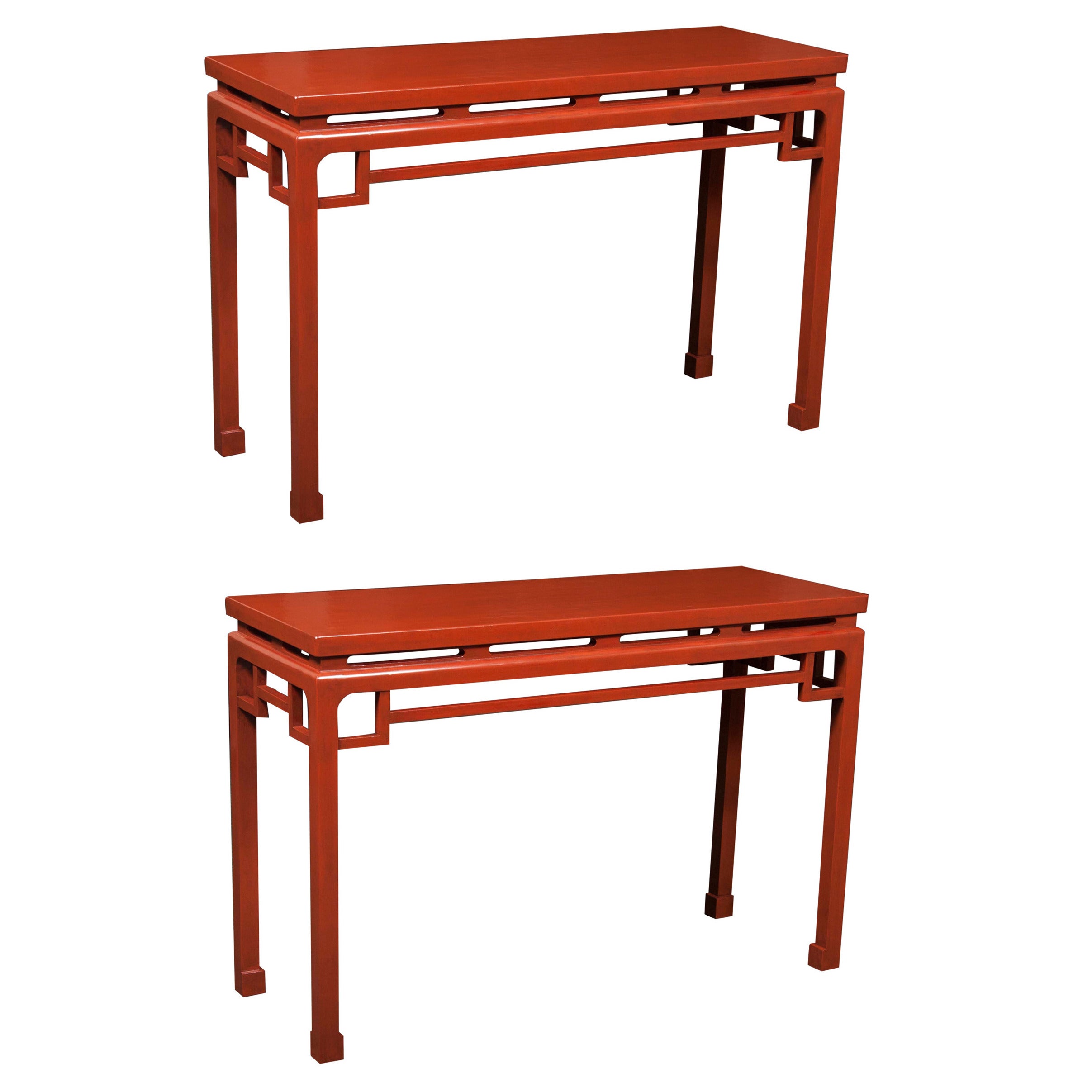 Pair of Chinese Red Lacquered Console Tables For Sale