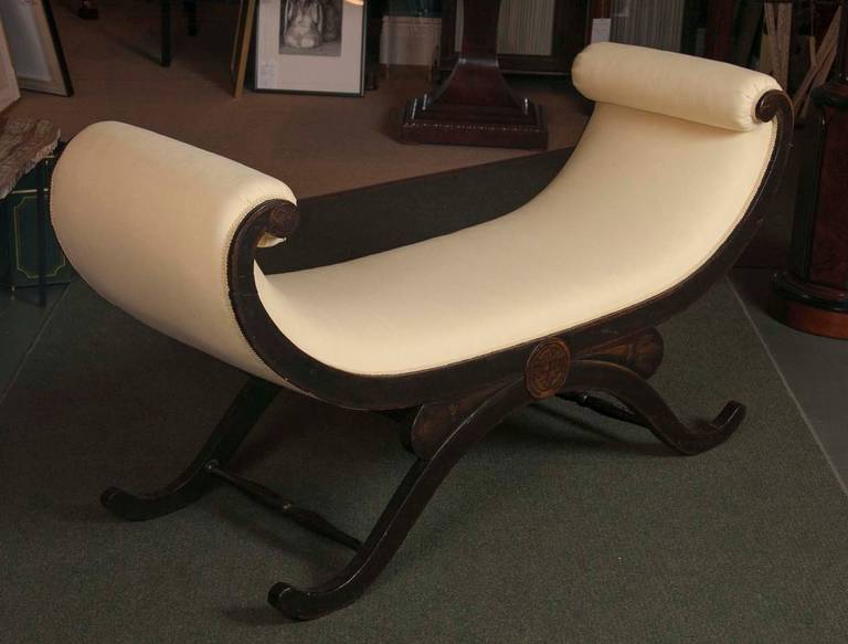 A wonderful American scroll arm bench with stenciled ebonized wood.