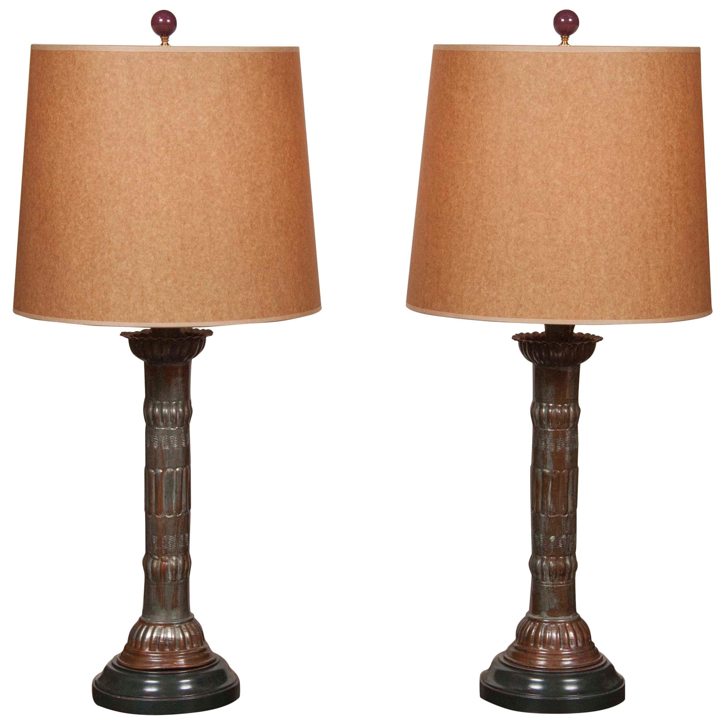 Pair of Middle Eastern Tin over Copper Lamps
