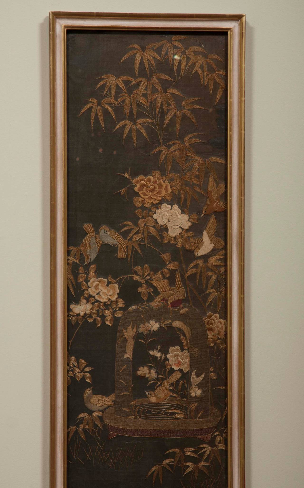 Four Framed Japanese Embroidered Silk Panels 1