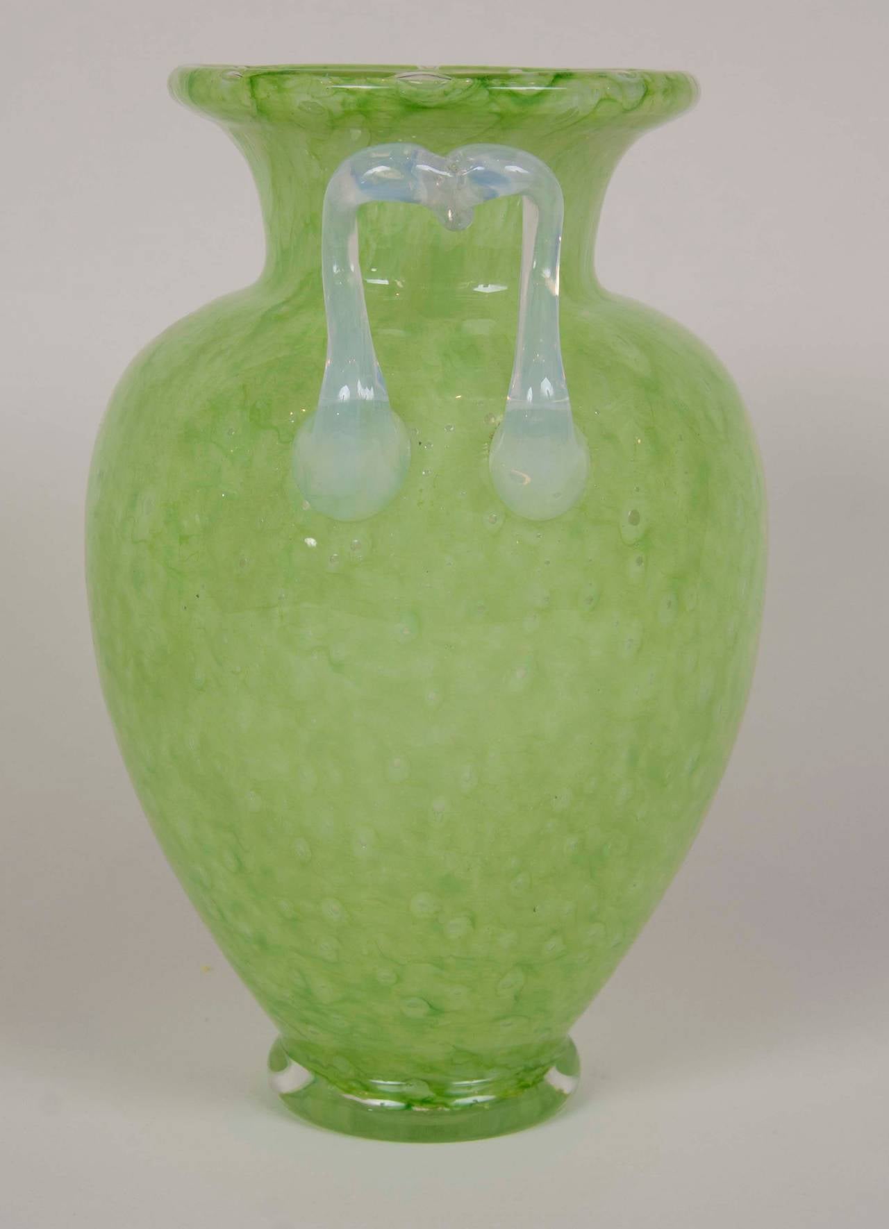 American Pair of Steuben Green Cluthra Glass Vases