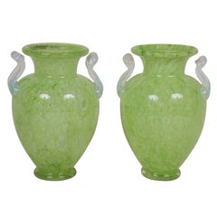 Retro Pair of Steuben Green Cluthra Glass Vases