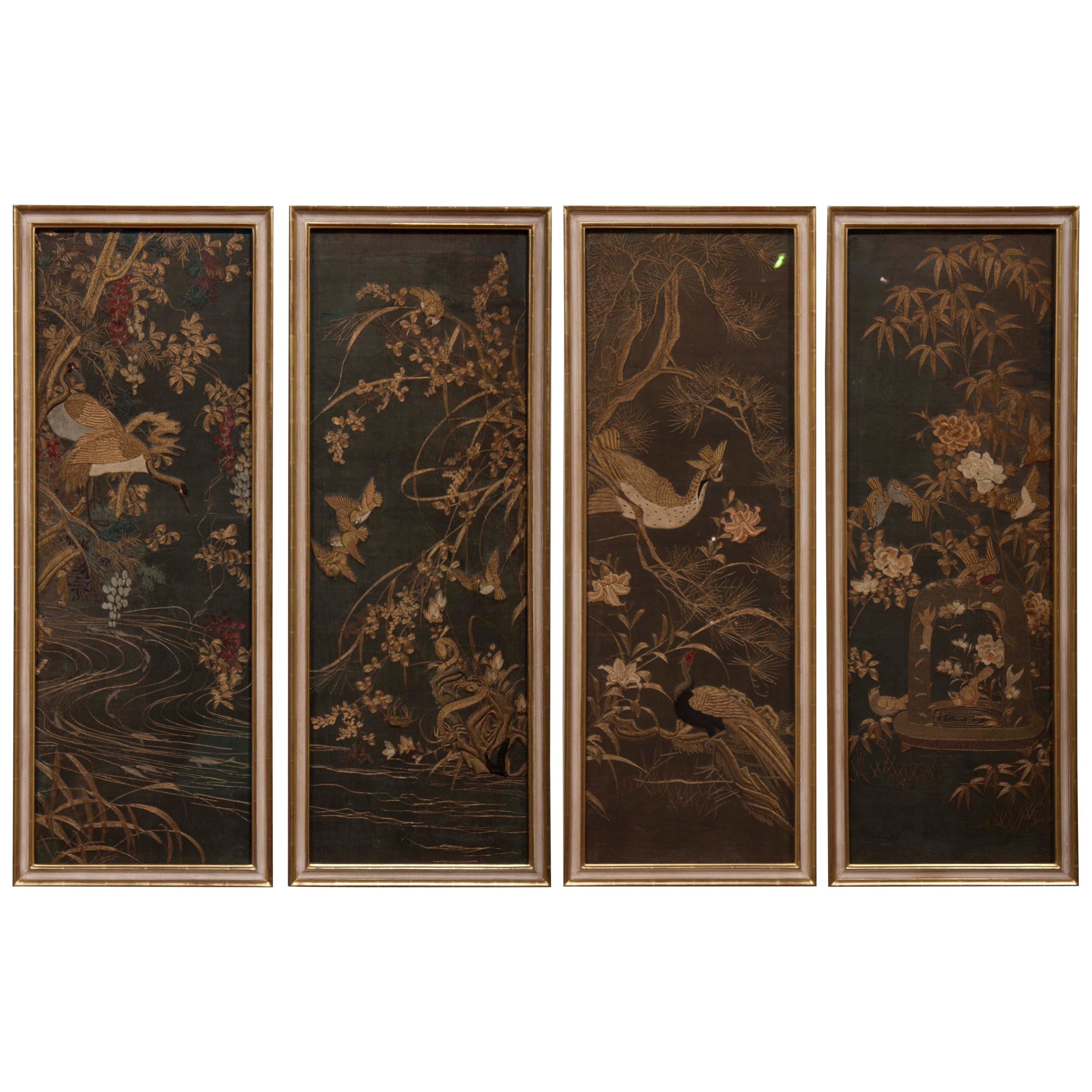 Four Framed Japanese Embroidered Silk Panels