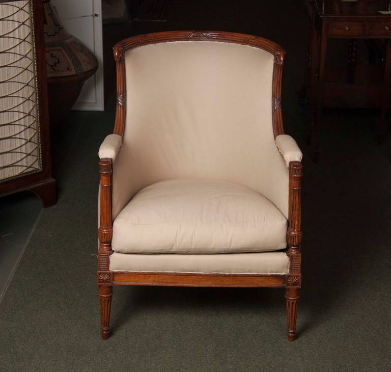 A fine French Louis XVI period neoclassical mahogany armchair.