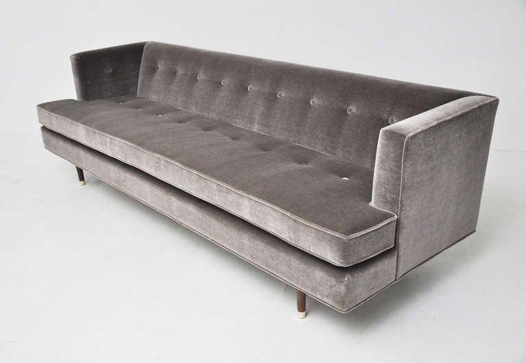 Classic Dunbar sofa by Edward Wormley. Fully restored and reupholstered in grey mohair.