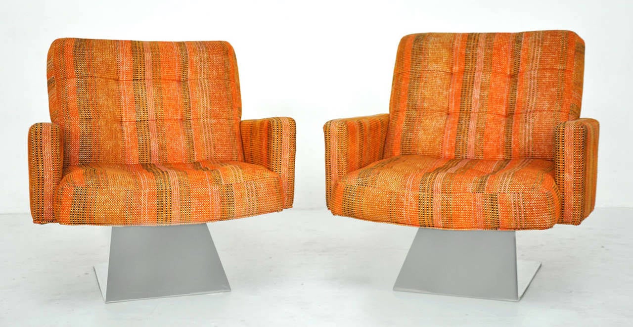 Rare Milo Baughman designed lounge chairs, circa 1960s. Stainless steel frames. Original upholstery.
