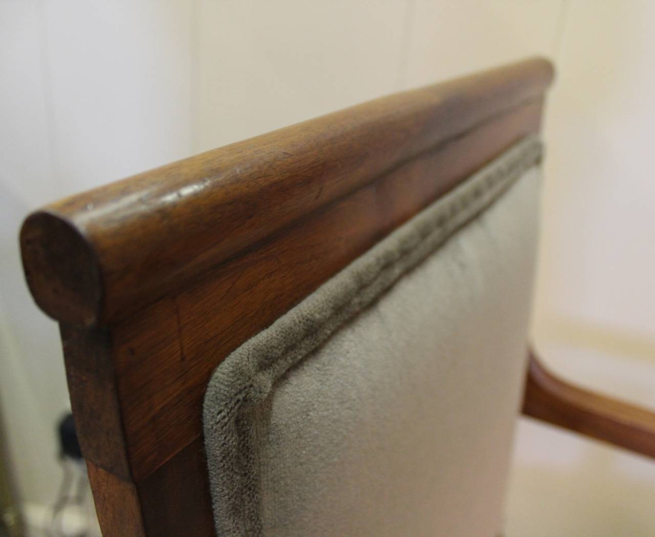 Newly upholstered in gray velvet, beautiful patina, great style.