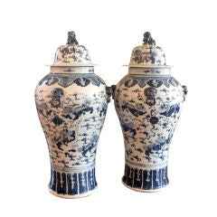 Pair of 19th C Blue & White Chinese Porcelain Temple Jars