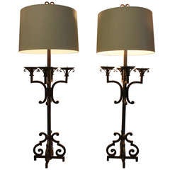 Pair Tall Spanish 19thC Iron Candelabra Lamps