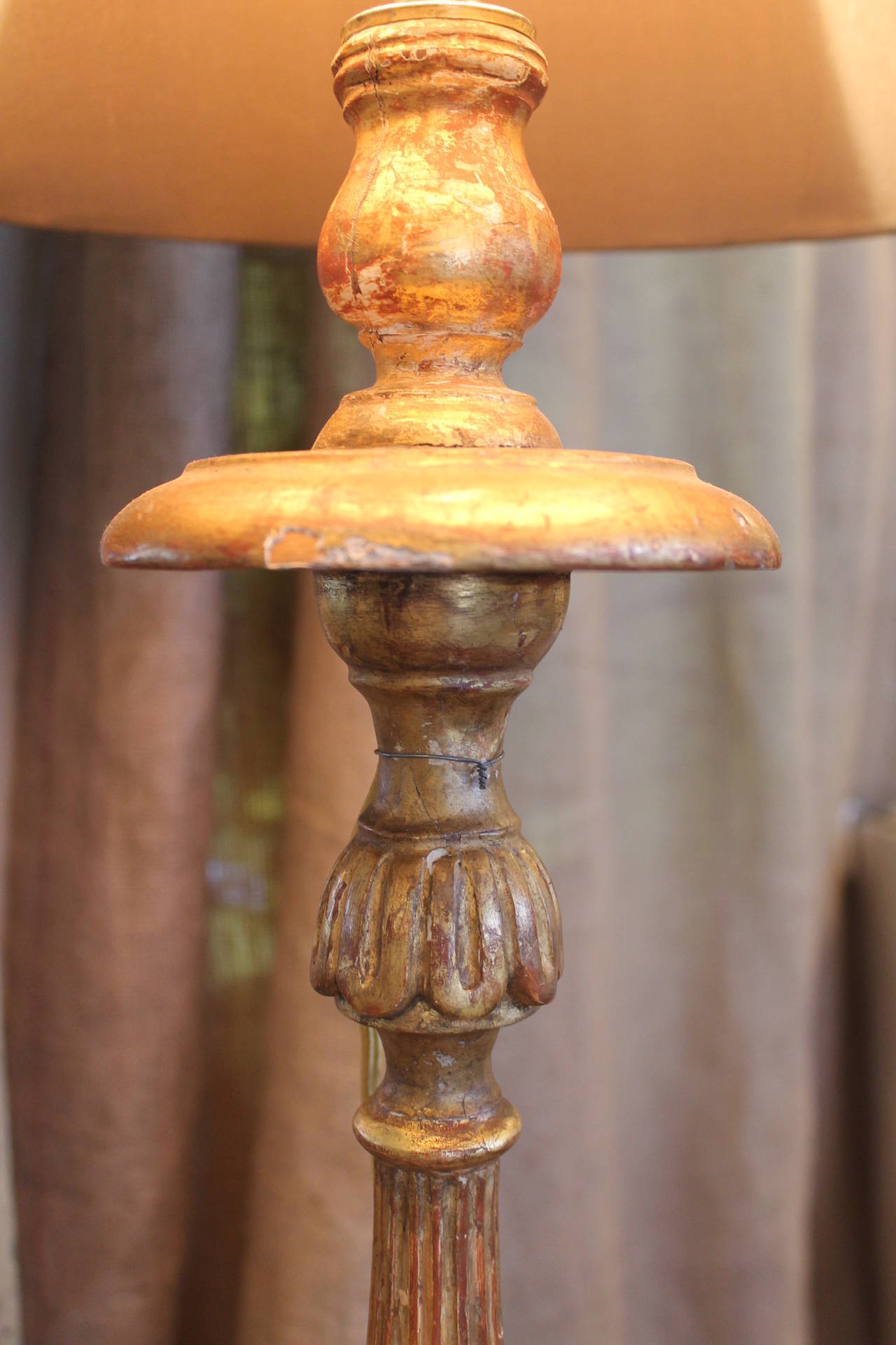 Tall Gilt French Candlestick, nice aging.  French Wired.  Wonderful Silk Shade