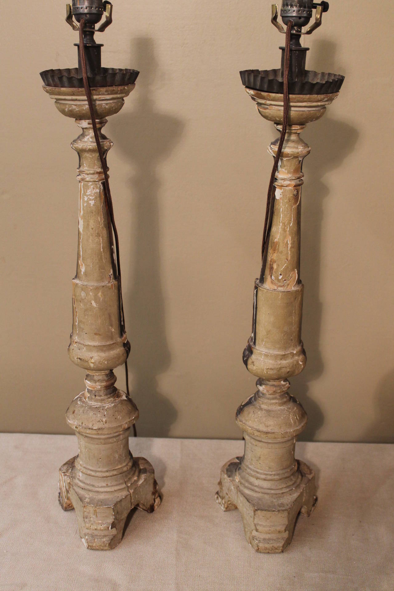 18thc Italian alter sticks as Lamps In Distressed Condition For Sale In Charlotte, NC