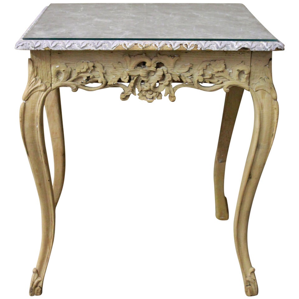 Antique French Carved, Faux Marble Top Wood Table For Sale