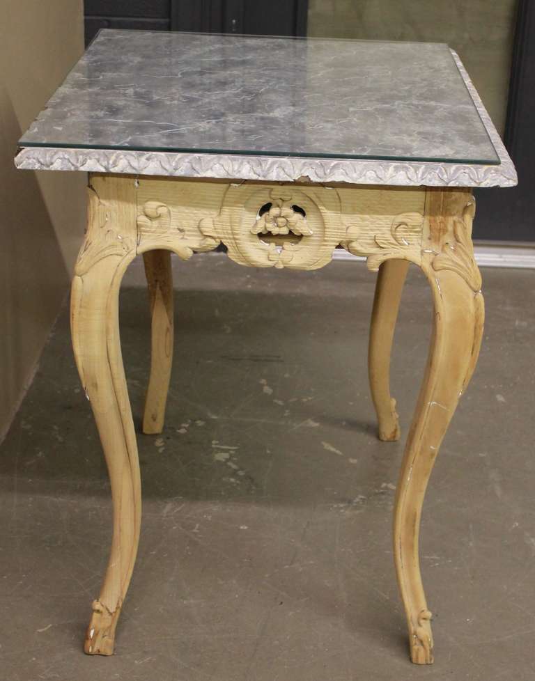 Antique French Carved, Faux Marble Top Wood Table In Excellent Condition For Sale In Charlotte, NC