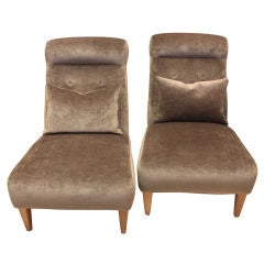 Pair of Mid Century Italian Ferrae Grey Velvet Slipper Chairs