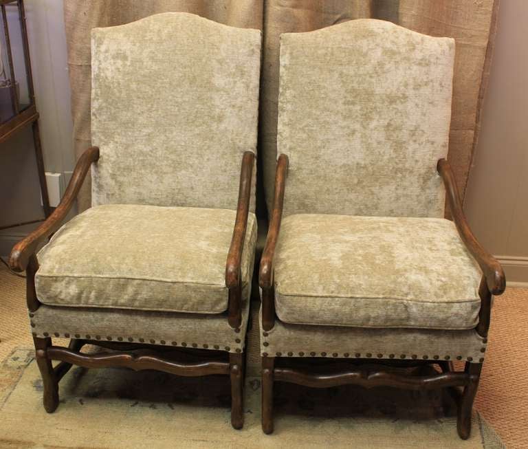 Newly Upholstered in Cotton Velvet, French Mouton Chairs, New Down Wrapped Cushions, Pristine Condition.