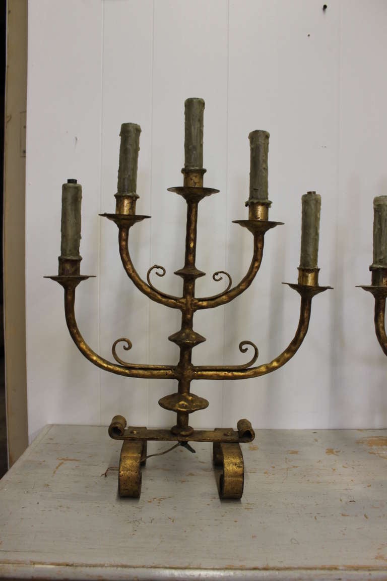 Unknown Pair of Fabulous Five Arm Iron and Gilt Lamps For Sale