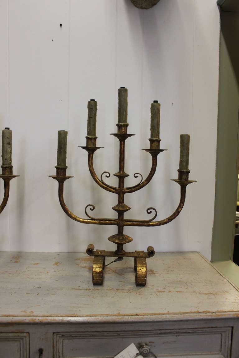 Pair of Fabulous Five Arm Iron and Gilt Lamps In Excellent Condition For Sale In Charlotte, NC