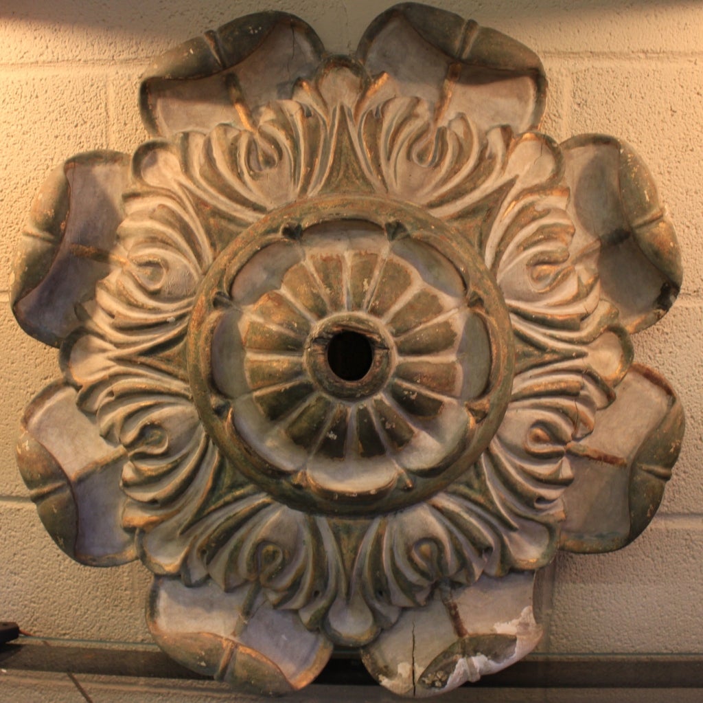 Large Lovely 19th C French Carved Ceiling Medallion. Beautiful Colorization, also great as art Piece