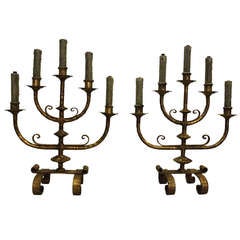 Pair of Fabulous Five Arm Iron and Gilt Lamps