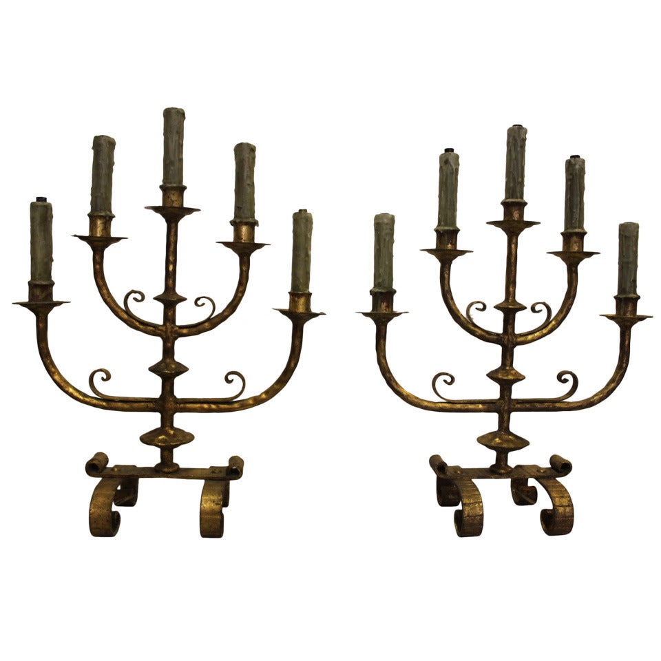 Pair of Fabulous Five Arm Iron and Gilt Lamps For Sale