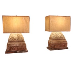 Pair of 19th C Concrete Architectural Fragment Lamps with Shades