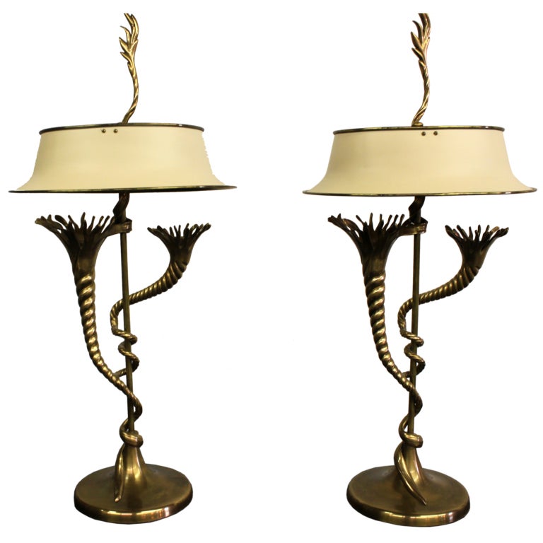 Pair of 1990
s Brass Chapman Lamps with Painted Brass Tole Shade