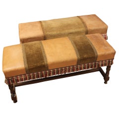 Antique Pair of 19th C Italian Leather Benches