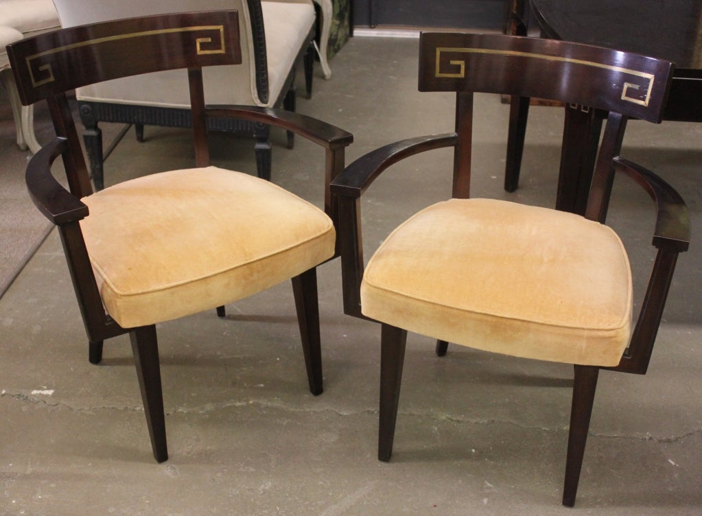 Set of six 2 Arm arm 4 Side Klismos Dining Chairs  Beautiful Inlaid Brass Greek Key Design