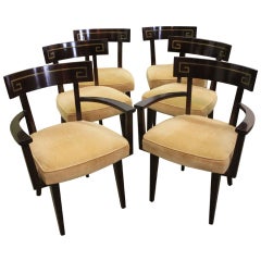 Set of Six Greek Key Inlaid Klismos Dining Chairs