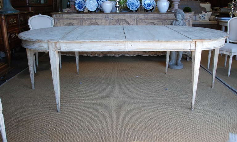 Very nice Swedish 19th Century dining table with two original extension leaves. Scraped down to lovely original grey/ white color. The two demi lunes make a small 47