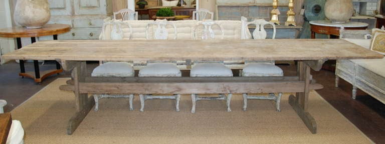 Large 18th Century Swedish Trestle Farm Table. Natural Pine finish. Breaks down for easy transport.
