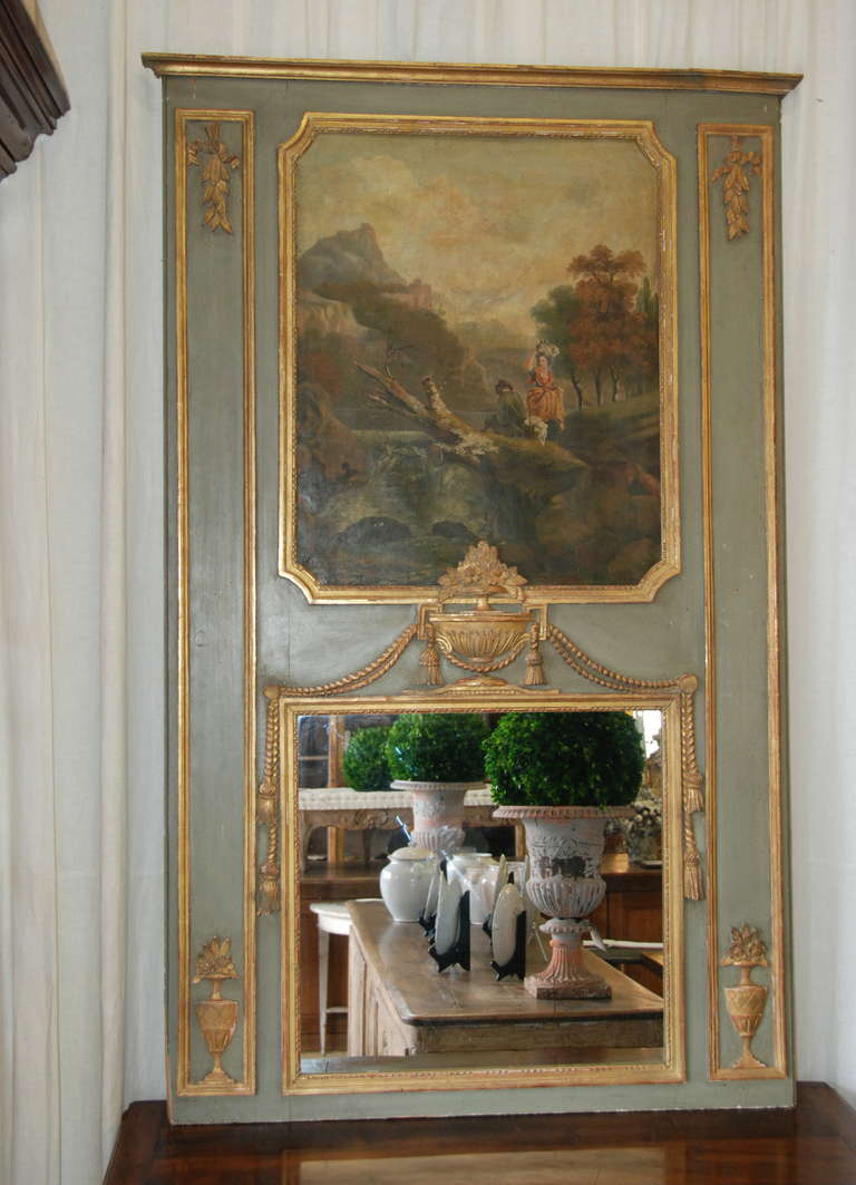 19th century painted trumeau. Paris, France.  Lovely original pastoral scene painted on panel.  Soft French blue/green color.