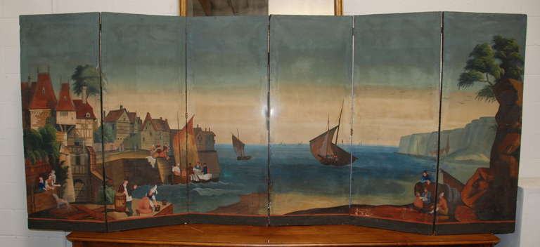 Beautiful 19th c. painted 6 panel screen from Normandy, France. Lovely period scene of Normandy Coast and Le Havre Harbor.