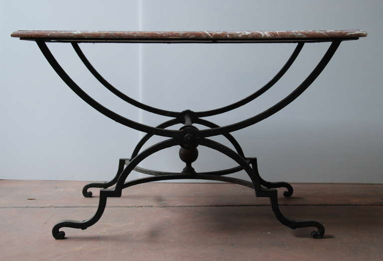 19th c. marble top console table, Paris, France. Great patina on iron. Original marble top