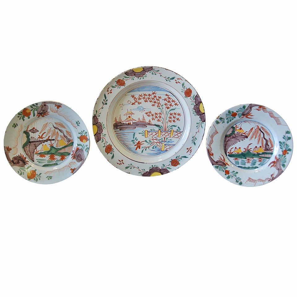 Set of Antique Period Polychrome Delft Plates