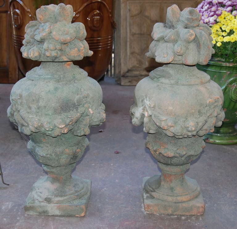 Very nice pair of French terra cotta garden statues. Lovely old garden patina. Provence, France.