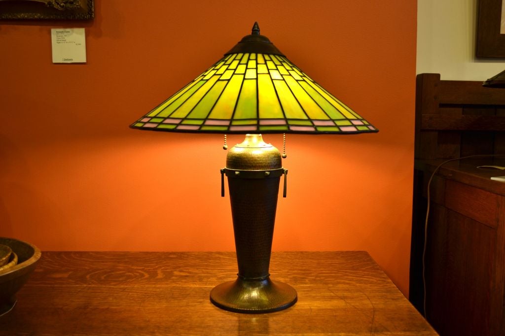 Exceptional and rare leaded glass and copper Roycroft lamp, circa 1920-1928, often referred to as a 