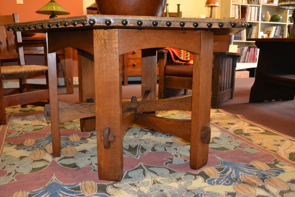 American Hexagonal Leather Top Table By Gustav Stickley For Sale