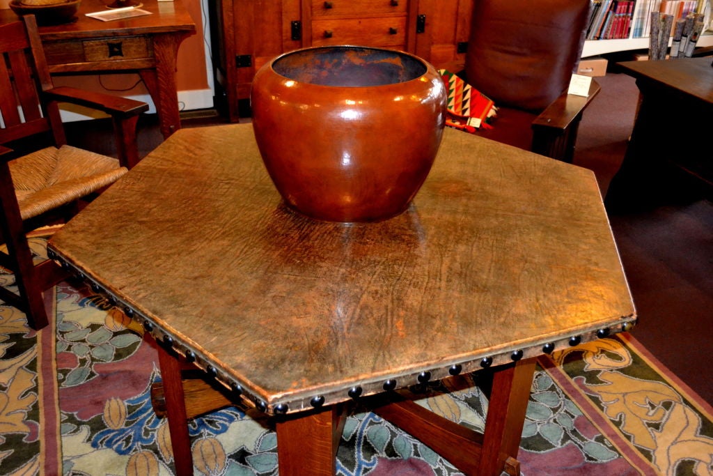 20th Century Hexagonal Leather Top Table By Gustav Stickley For Sale