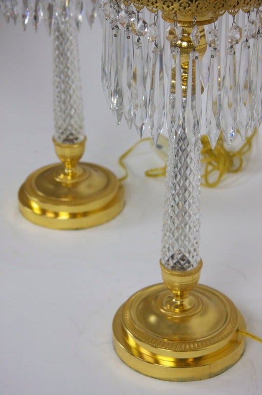 French Pair of Gilt Bronze and Crystal Lamps by Jansen For Sale