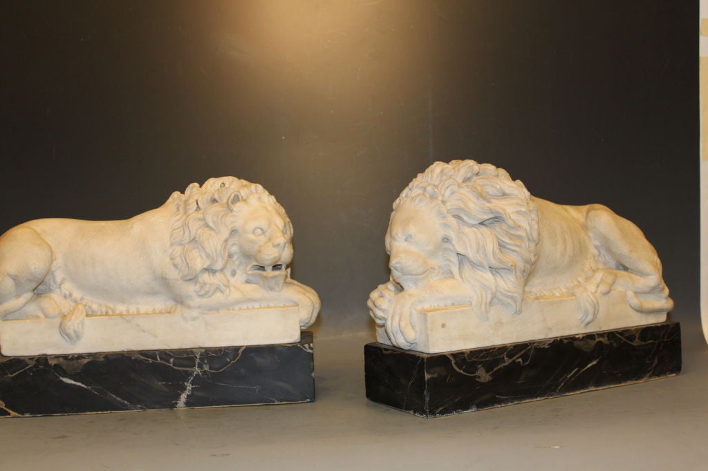 Pair Of Carved Carrera Marble Lions, Italian Grand Tour 2