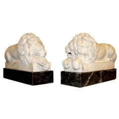 Pair Of Carved Carrera Marble Lions, Italian Grand Tour