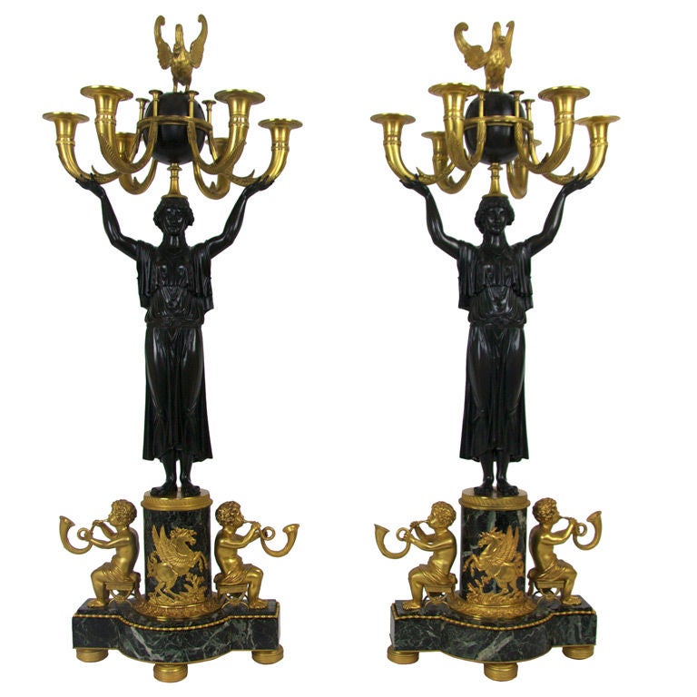 Unusual Pair Of Russian Empire Figural Bronze Candelabras