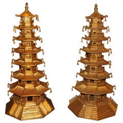 Pair Of Chinese Gilt Bronze Pagodas