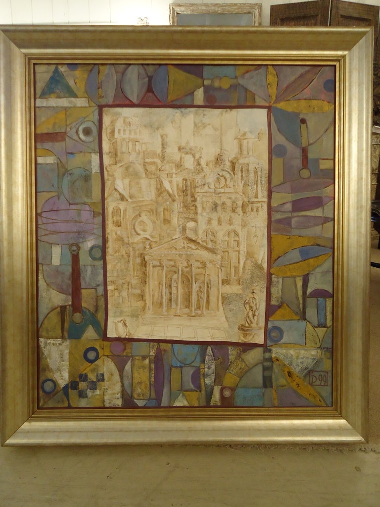 Beautiful contemporary original oil painting by the Russian artist, signed and dated '99.
Gorgeous abstract design in muted lavenders, blues and golds around a sepia neoclassical landscape of Roman buildings.
Dreamlike and transporting. Wide