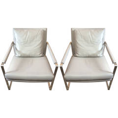 Pair of Sleek and Sexy Grey Leather Mid-Century Modern Lounge Chairs